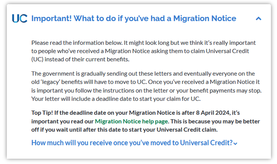 Sample Managed Migration flag from the entitledto Benefits Calculator